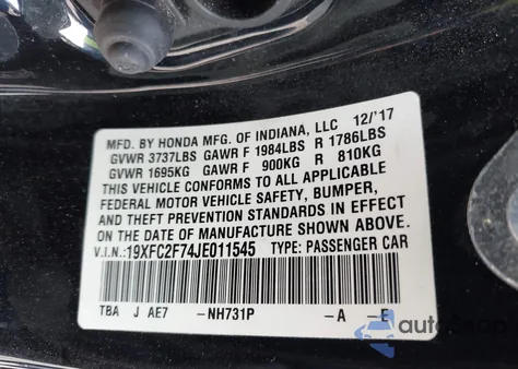 2018 Honda Civic Ex из США, поврежденный, VIN 19XFC2F74JE011545